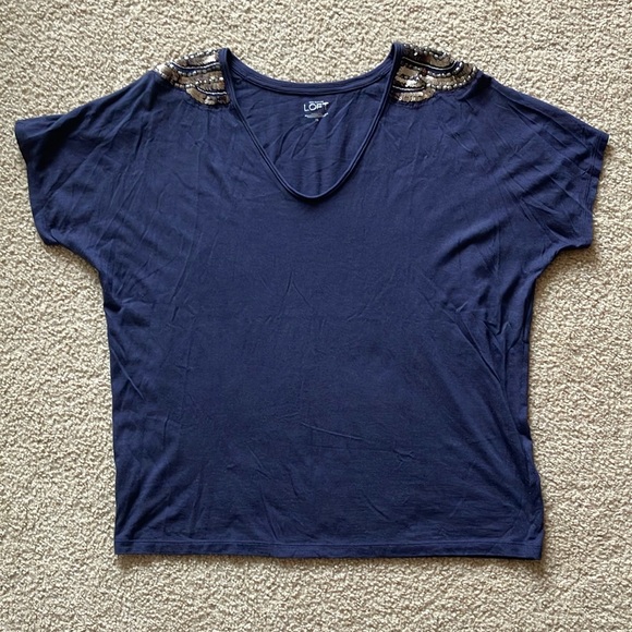 Ann Taylor Loft Navy V Neck T with Sequin Shoulders Size XL - Picture 1 of 5